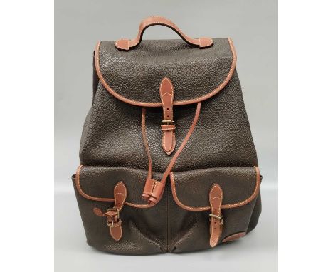 Mulberry Green Scotch Grain Rucksack, with tan leather trims, gilt-tone hardware, two front pockets with buckled fastenings, 