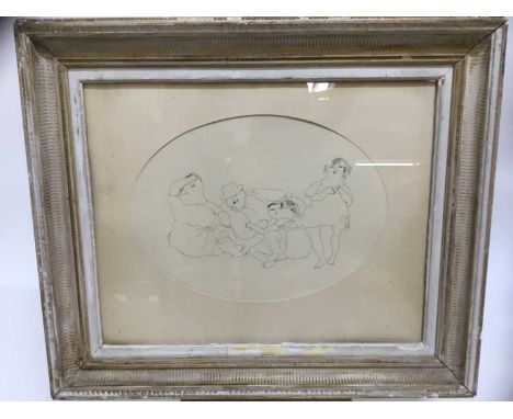 Mid 20th century school, print - Family group, indistinctly signed, glazed frame