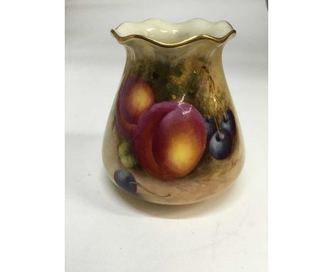 Royal Worcester porcelain vase of squat form with hand painted peaches and grapes, signed Freeman. 8cmCondition report: Perfe