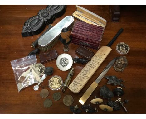 Box of assorted items to include 19th century leather covered jewellery box, wooden snuff boxes, carved wooden seal, Regency 