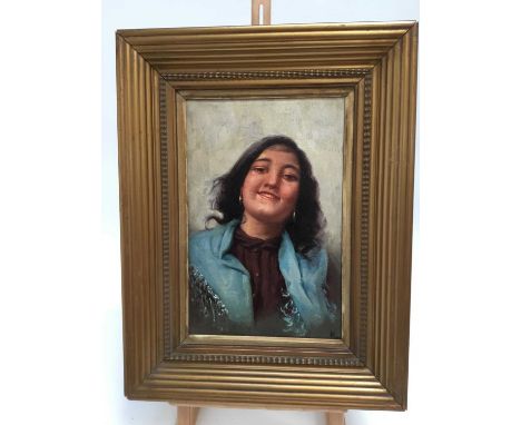 Italian School, 19th century, oil on canvas, Portrait of a pretty girl, indistinctly signed, in gilt frame, 35cm x 23cm