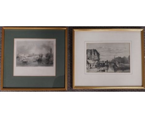 A 19th century partially coloured lithograph 'The Port of London' and an etching, barges in a continental port, both framed a