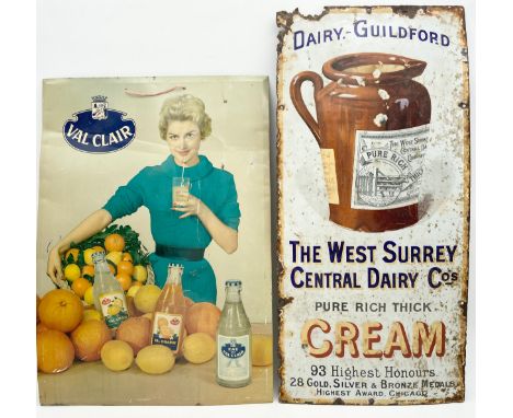 Two vintage enamel signs to include one advert for Val Clair, and one for The West Surrey Central Dairy Co's. H.59cm (largest