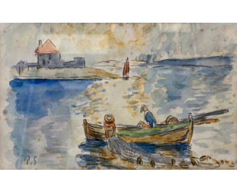 In the manner of Paul Signac, a signed pencil and watercolour sketch on paper, fisherman with nets in a boat. Framed and glaz
