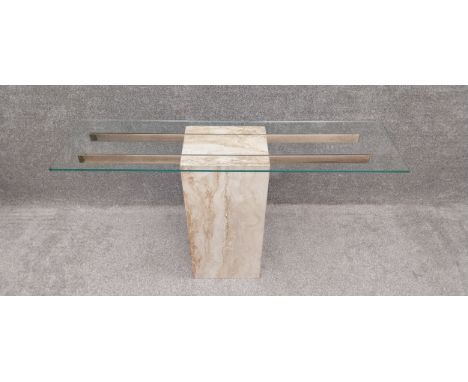 An Italian mid-century Artedi travertine stone and chrome console table with a glass top. H.76 W.135 D.35cm