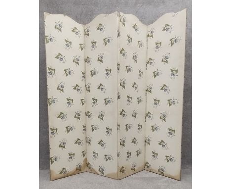 A vintage three fold four panel screen in foliate fabric. H.167 W.41cm each panel