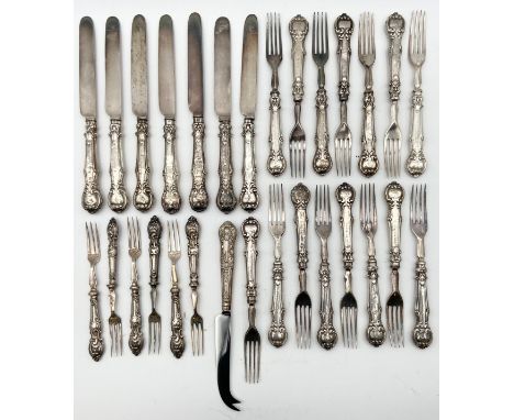 A collection of hallmarked silver handled knives and forks with indistinctly marked steel blades to include eight knives and 