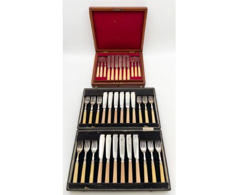 Two sets of cased silver plated cutlery each having silver collars bearing English hallmarks. H.5 W.37 D.23cm (largest).