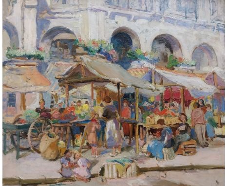 A monogrammed Impressionist style oil on board titled 'Un March, France' by Helda M. Pearson, in a gilt frame with notes to t
