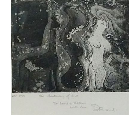 A framed and glazed etching: The Awakening of Eve, indistinctly signed and inscribed artist's proof. H.39 W.43cm