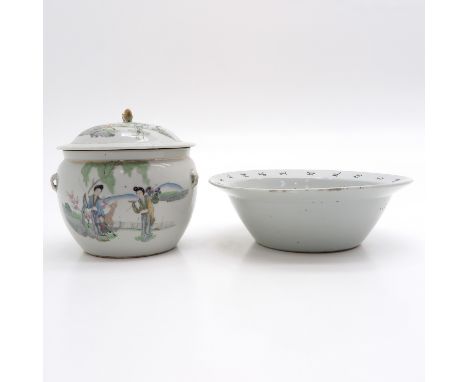 Polychrome decor of flowers and ladies in garden with Chinese text, Qing Dynasty, wash basin is 29 cm. in diameter, chip.