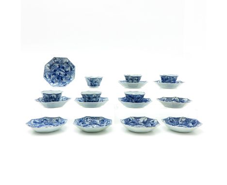 Including 6 cups and 11 saucers, depicting scenes with fisherman, Qing Dynasty, saucers are 11 cm. in diameter, in diverse co