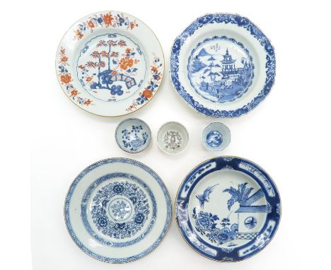 Including 4 plates and 3 cups, including 18th Century, plates are 23 cm. in diameter, some with chip and hairline.