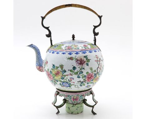 Enamel floral decor, on warming stand, 18th Century, 32 cm. tall, spout and 1 flower has been repainted.