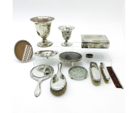 Including silver vases, box, brush, mirror and other misc. silver items.  Art Nouveau dish is 16 cm. long.