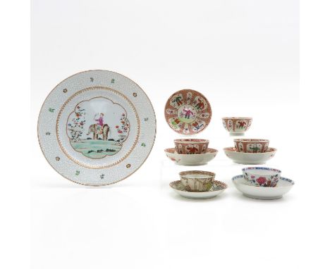 11 items including plate, cups and saucers, some 18th century, largest plate is 26 cm. in diameter, in diverse conditions.