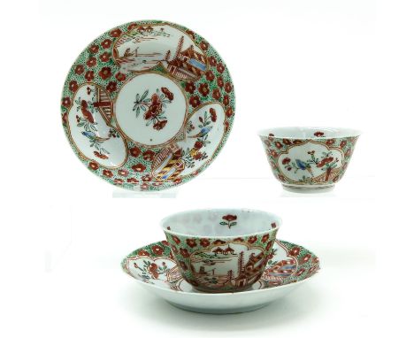 2 cups and saucers, depicting landscape decors and flowers, Qing Dynasty, marked on bottom with symbol, saucers are 11 cm. in