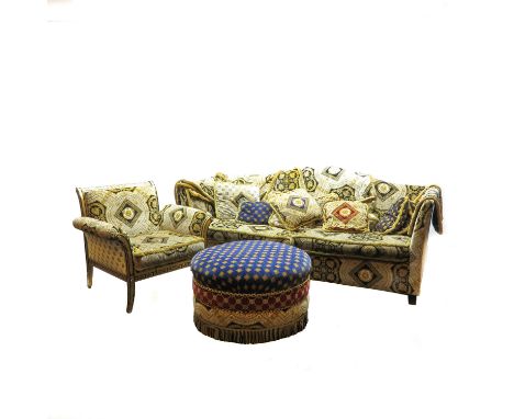 Including sofa, chair and ottoman, covered in Versace style fabric.