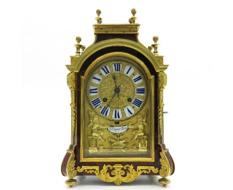Tortoise veneer, depicting putti sitting on columns holding enamel plaque signed J. Cogniet a Paris, also signed inside time 