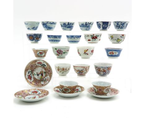 Including 4 saucers and 20th cups, 18th Century, largest saucer is 10 cm. in diameter, in diverse conditions.