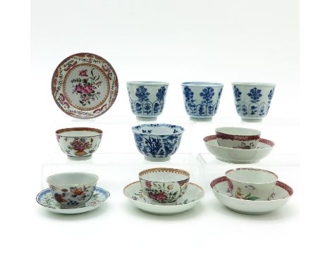 14 items, including cups and saucers, largest saucer is 12 cm. in diameter, some 18th Century, in diverse conditions.