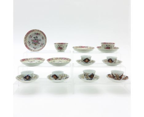 In Imari and Famille Rose enamels, including 8 cups and 11 saucers, 18th Century, saucers are 12 cm. in diameter, in diverse 