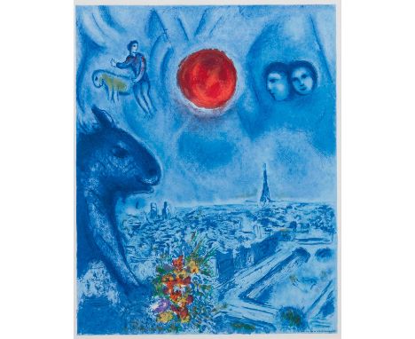 CHAGALL, MARC (1887-1985), "Rote Sonne über Paris", Farblithographie/Papier, als Plakat von Charles Sorlier ausgeführt (Textt