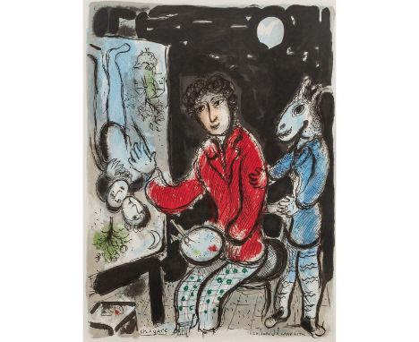 CHAGALL, MARC (1887-1985), "Selbst an Staffelei" Farblithographie/Papier, als Plakat von Charles Sorlier ausgeführt (Textteil