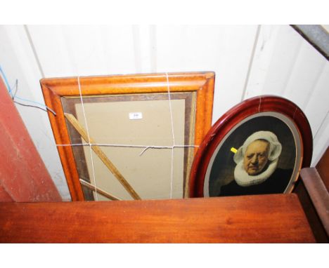 An oval portrait print of an elderly lady; and a maple picture frame 