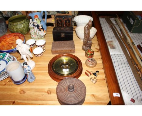 An oriental style table top cabinet; together with a similar tea caddy two jelly moulds; a barometer etc. 