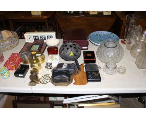 A Studio pottery fruit bowl; together with coasters; a clock; various metalware etc.