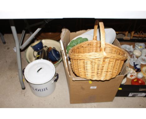 A box containing a wicker basket; an enamel flour bin etc. 