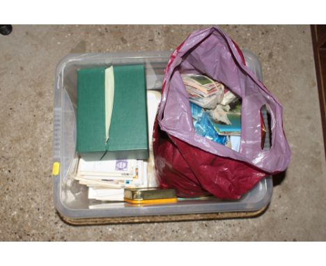 A bag and a box containing loose stamps, First Day covers etc. 