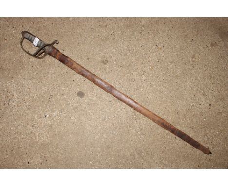 A dress sword contained in brown leather scabbard