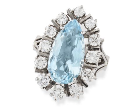 AN AQUAMARINE AND DIAMOND RING set with a pear cut aquamarine of approximately 3.00 carats in a border of round brilliant cut