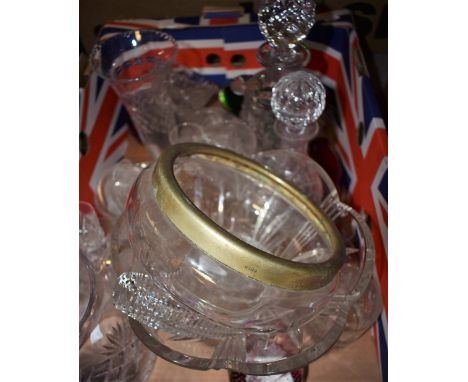 Glassware - a cut crystal decanter; a Caithness paperweight; a cut glass fruit bowl; a cut glass leaf tray etc (qty)