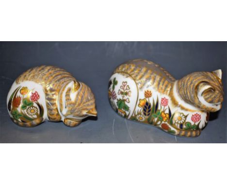 A Royal Crown Derby Paperweight, Cottage Garden Cat, gold stopper, boxed; another, Cottage Garden Kitten, gold stopper, boxed