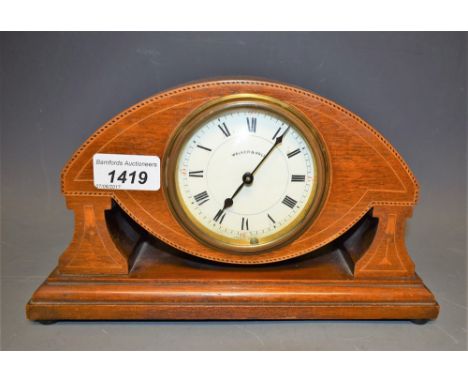 An Edwardian inlaid mahogany Art Nouveau mantel clock, cream dial, Roman numerals, by Walker and Hall