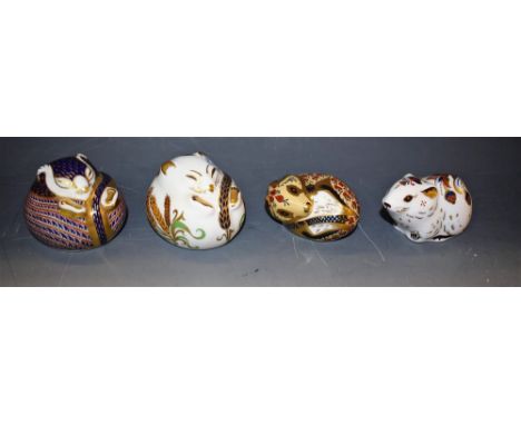 A Royal Crown Derby Paperweight, Field Mouse, gold stopper, boxed; another, Dormouse, gold stopper, boxed; Bank Vole, gold st