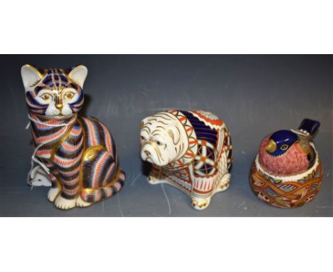 A Royal Crown Derby paperweight Bull Dog; others Cat and Bullfinch nesting, all silver stopper (3)