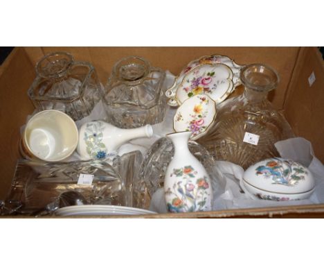Glassware and ceramics - a cut glass ship's decanter; a port decanter; two others similar; a cut glass water jug; three Royal