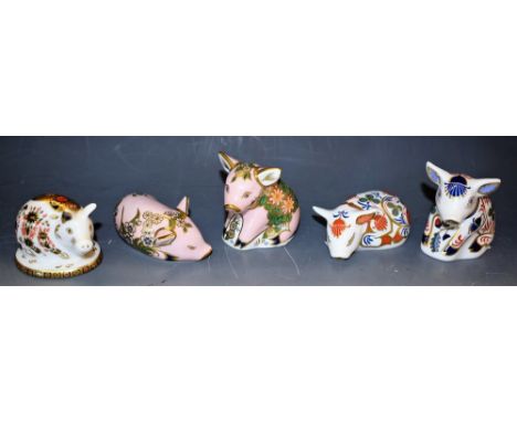 A Royal Crown Derby Paperweight, Sinclairs Pickworth Piglet, gold stopper, boxed; another, Sinclairs Plumstead Piglet, gold s