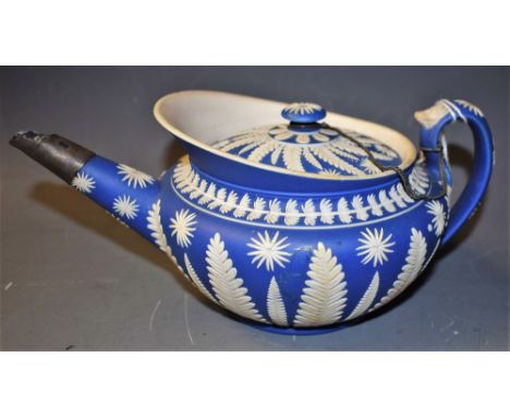 An early Wedgwood Jasperware teapot, silver repair to spout