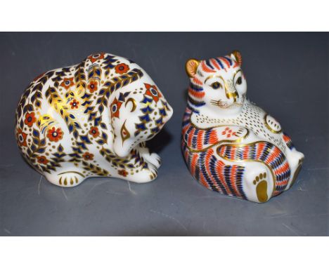 A Royal Crown Derby Paperweight, Tiger Cub, gold stopper, boxed; another, Bear, gold stopper, boxed (2)