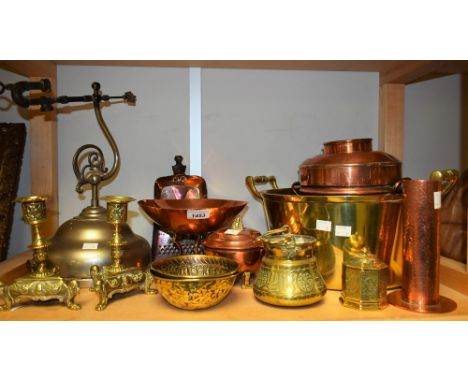 A Victorian EPBM table top gas lamp, 38cm high; a pair of 19th century neoclassical brass tripod candlesticks; a brass jam pa