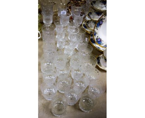 Glassware - a set of four cut glass wine glasses, hobnail cut bowl with laureate banding; others similar including tumblers, 