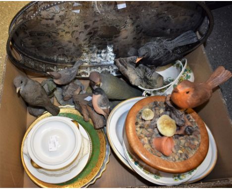 A resin model of a Robin on a branch, others similar, Song Thrush, etc; Royal Worcester Evesham pattern tableware; three Maso