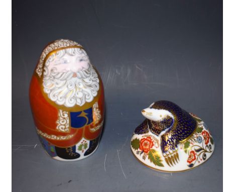 A Royal Crown Derby Paperweight, Mole, Collector's Guild exclusive, gold stopper, boxed; another, Santa Claus, gold stopper, 