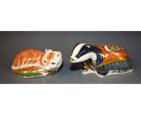 A Royal Crown Derby Paperweight, Moonlight Badger, Collector's Guild exclusive, gold stopper, boxed; another, The Leicestersh