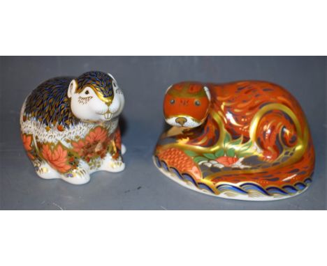 A Royal Crown Derby Paperweight, Otter, gold stopper, certificate, boxed; another, River Bank Beaver, gold stopper, limited e